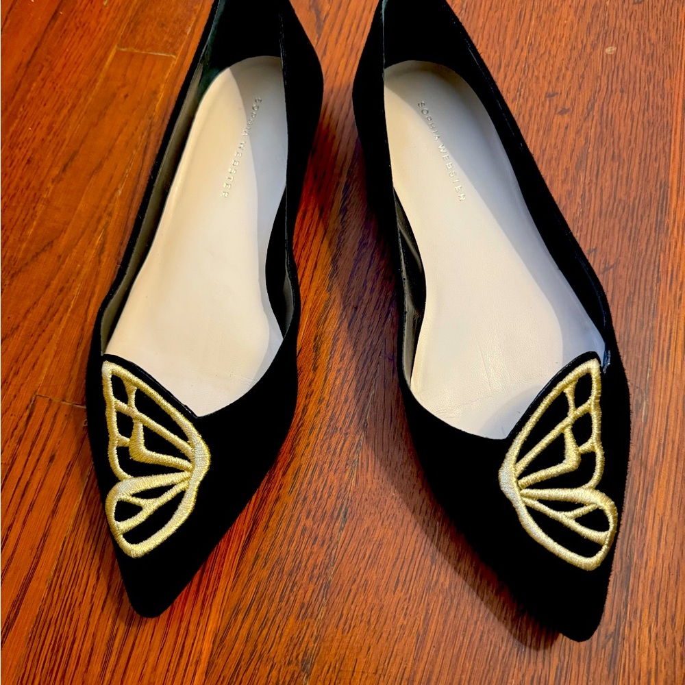 Sophia Webster Butterfly black and gold suede pointed toe flat EUC